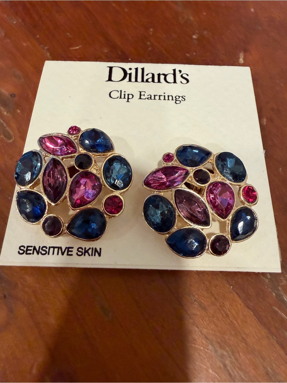 Vintage Dillard's Clip On Earrings Sensitive Skin Blue Pink Crystal Cluster NOS